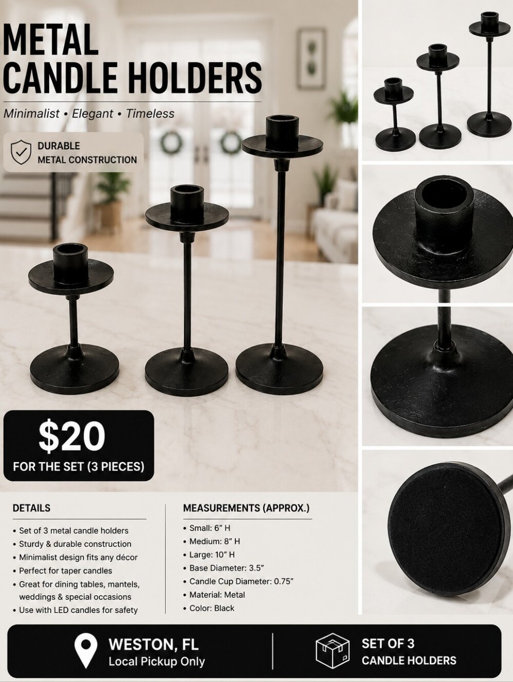 Hearth & Hand Black Metal Taper Candle Holder Set of 3